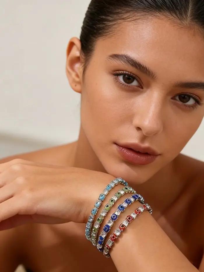 Bracelet Tennis Bohème Anti-Mauvais Œil en Zircon Cubique AAA, Bracelets Chaîne Œil Turc Bleu pour Femme, Bijoux de Luxe, Cadeau