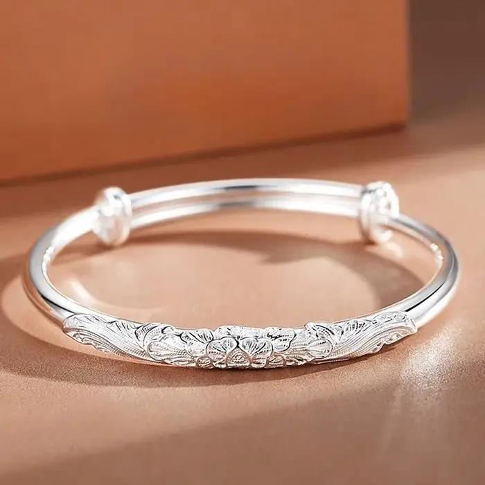 Bracelet jonc rond en argent sterling 925 motif géométrique avec pierres blanches pour femme
