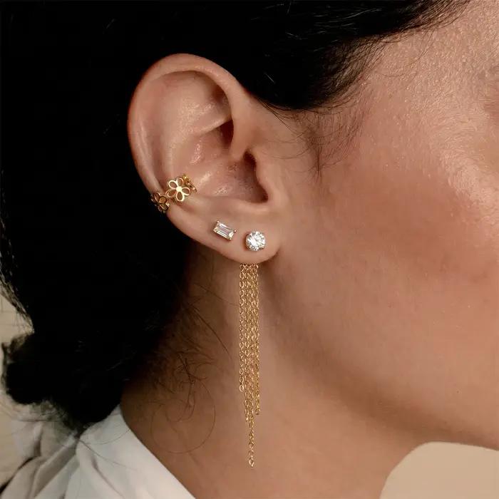 Boucles d'oreilles pendantes Zora en acier inoxydable plaqué or 18 carats PVD avec zircon et pompon