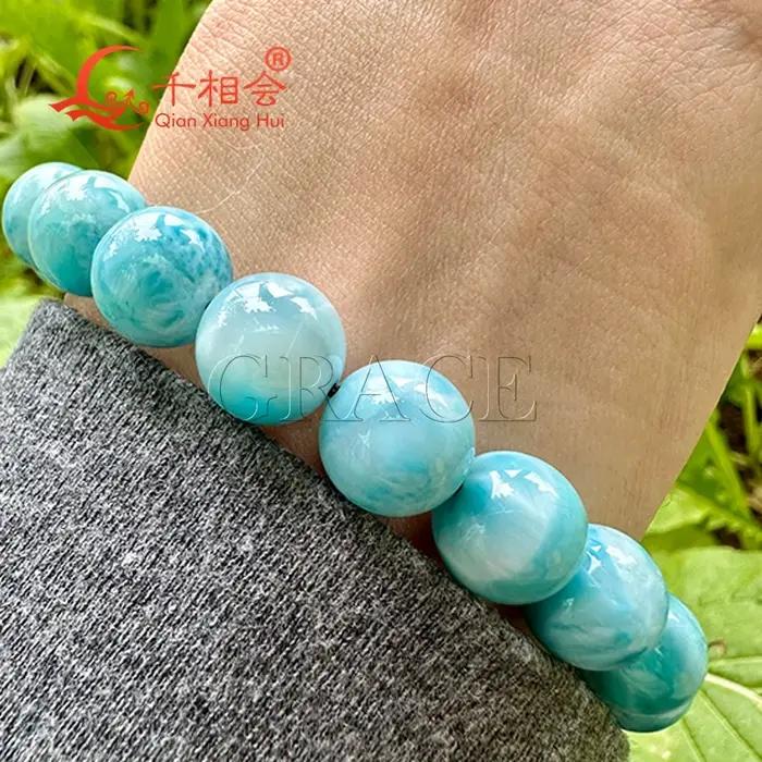 Bracelet en Larimar naturel en forme de boule de 10mm pour femmes et hommes bijou fin pierres précieuses blanches et bleues occasions spéciales