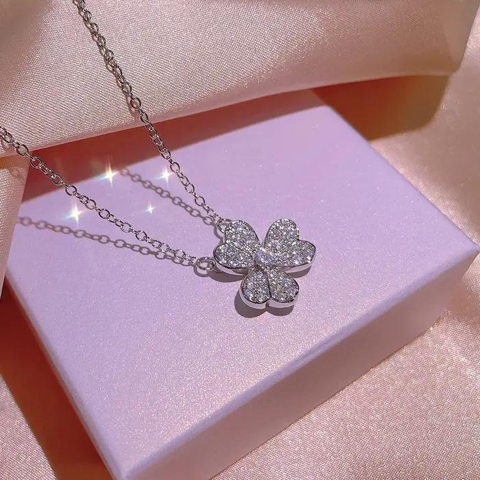 925 femmes ensemble de bijoux mode AAA brillant Zircon fleur collier bague boucle d'oreille dame trèfle
