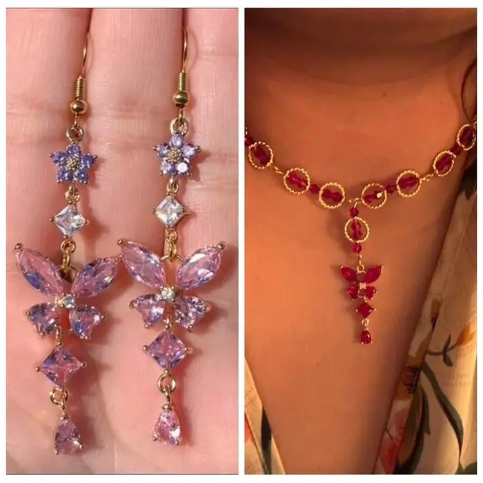 Pendentifs en laiton plaqué or 18 carats avec cristaux de zircon et breloques en forme de papillon