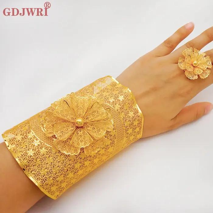 France luxe chaîne manchette Bracelet et bague pour femmes dubaï couleur or indien marocain grand Bracelet bijoux arabe africain mariage