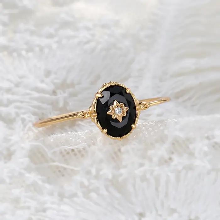 LAMOON bague en Agate noire naturelle pour femmes