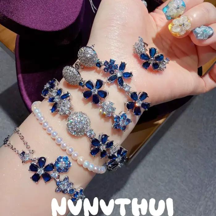 Ensemble de collier et bracelet en pierres précieuses pour femmes, Vintage, fleur bleu Royal