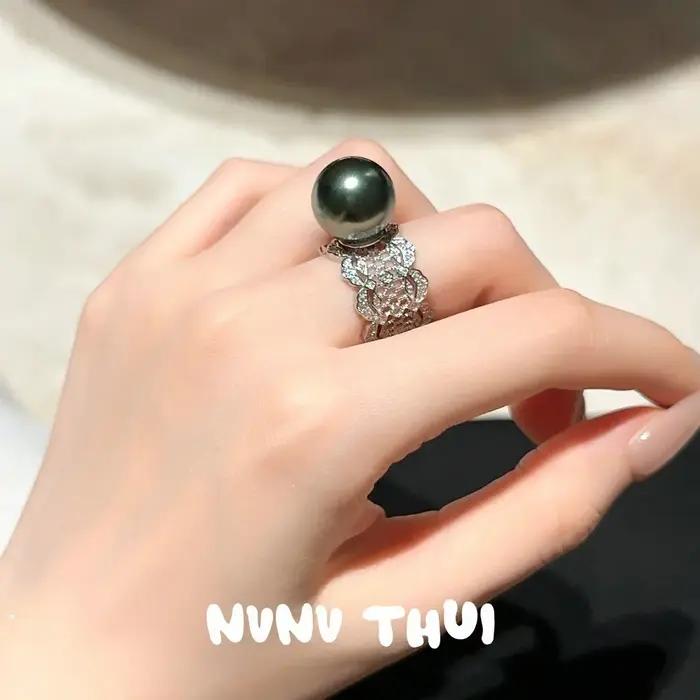 Ensemble de bijoux en perles de coquillage vert paon et pierres scintillantes, bague au design nid d'abeille avec diamants étincelants, ensemble de collier en perles de Tahiti Princess