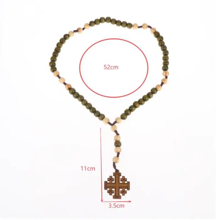 Collier Chapelet Croix Sacrée en Bois Vert et Marron, Ornements Religieux, Croix de Jésus, Bijou Cad