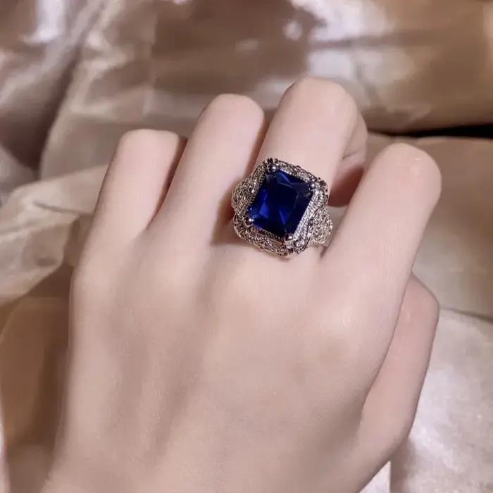 Bague en argent 925 avec diamant et saphir pour femme