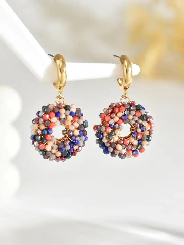 Boucles d'oreilles rondes pendantes en perles faites à la main de style bohème vintage minimaliste