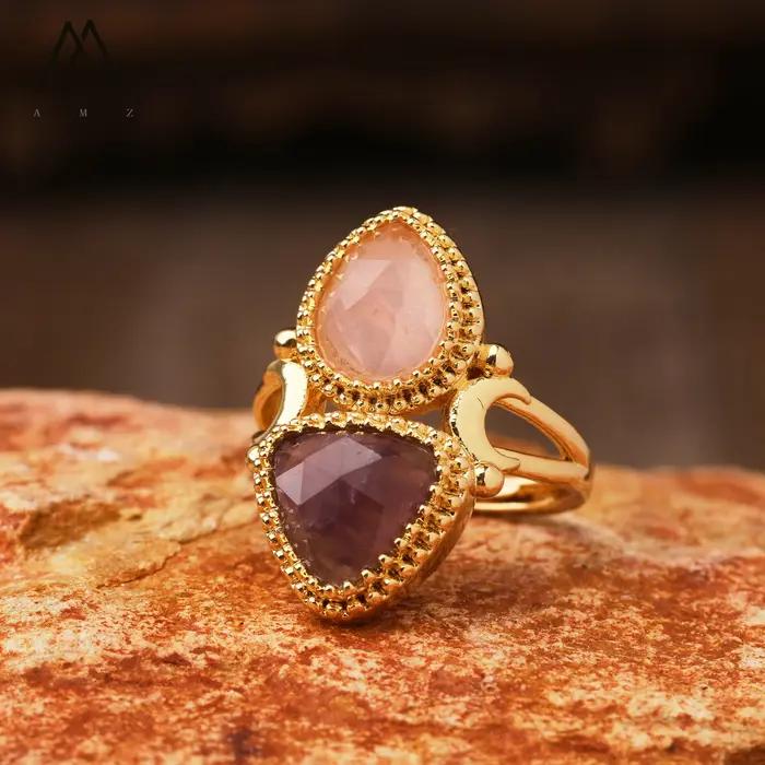 Bague réglable en forme de triangle avec pierres précieuses en cristal naturel, bijoux de mariage de créateur, alanding ysts