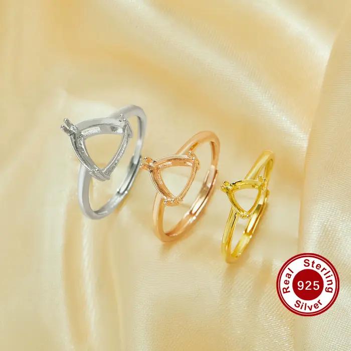 Paramètres de bague à griffes triangulaires, bague plaquée or rose en argent sterling 925 massif, bague triangulaire minimaliste, fournitures de bague de bricolage 1295067
