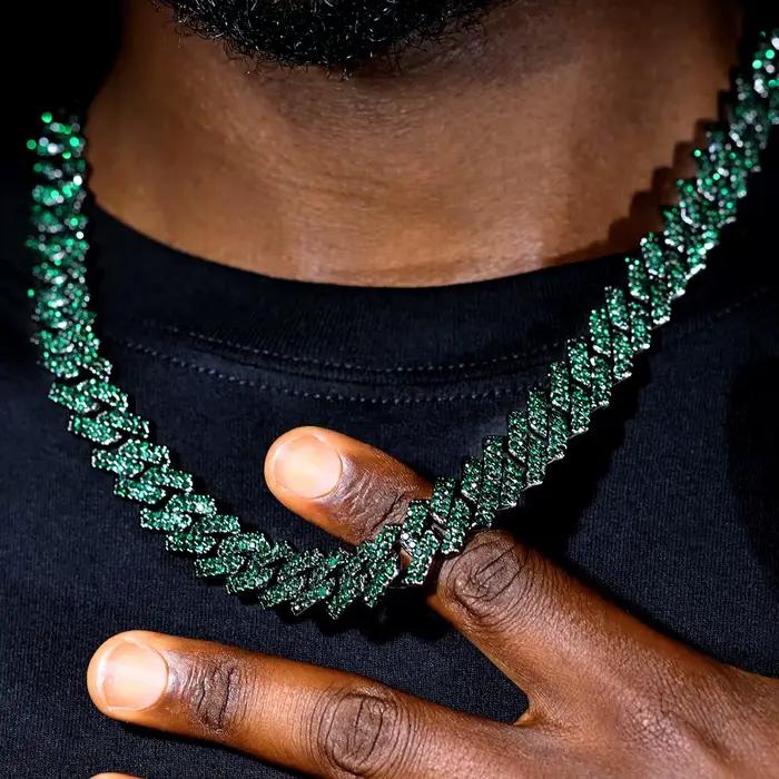Collier chaîne cubaine pour hommes et femmes, chaîne à maillons sertie de strass verts, bijoux hip-hop