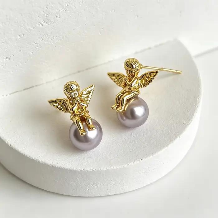 VOBIPY – boucles d'oreilles Cupidon en perles pour femmes, en argent 925 plaqué or 18 carats, rétro, mignonnes, pour fête de mariage, bijoux à la mode, cadeaux