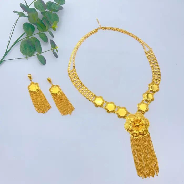 Parure de bijoux de luxe indienne avec long collier à pampilles et boucles d'oreilles pour femme, couleur or 24 carats, style éthiopien et Dubaï, idéale pour mariages, banquets et fêtes, cadeaux