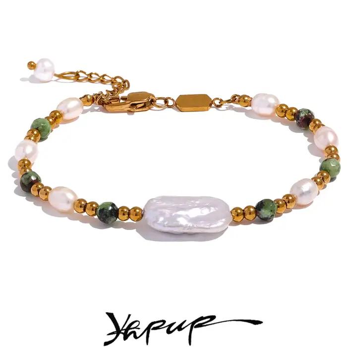 Yhpup luxe Baroque naturel Epidote pierre perles d'eau douce à la main en acier inoxydable perles Bracelet Bracelet PVD bijoux femmes