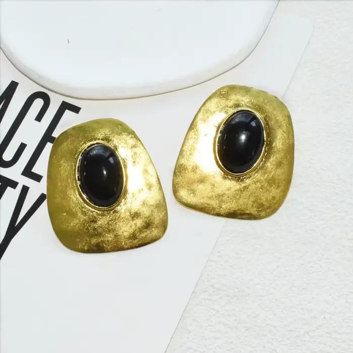 Boucles d'oreilles pendantes carrées vintage en alliage plaqué or avec pierre noire pour femme, bijo