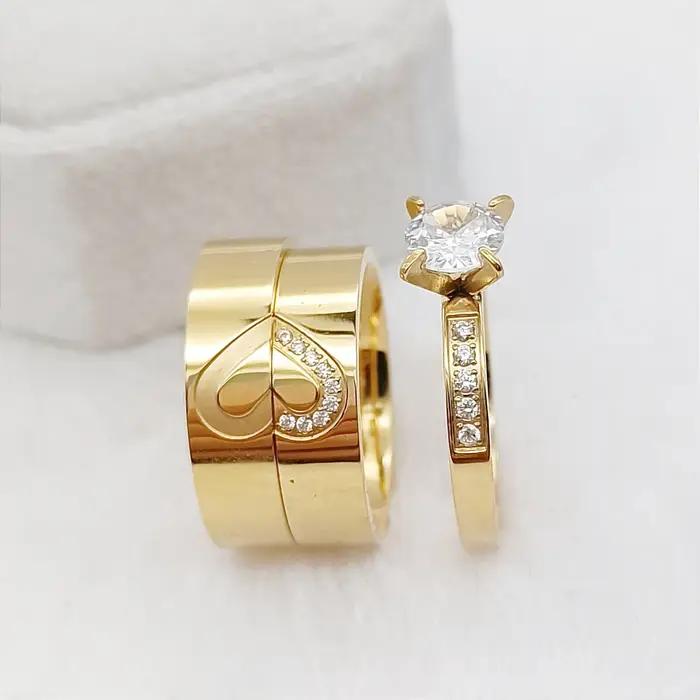 Love Alliance 3 pièces promesse de mariage bagues de fiançailles ensembles pour hommes et femmes 24k plaqué or Couple anneaux avec coeur symbole conception