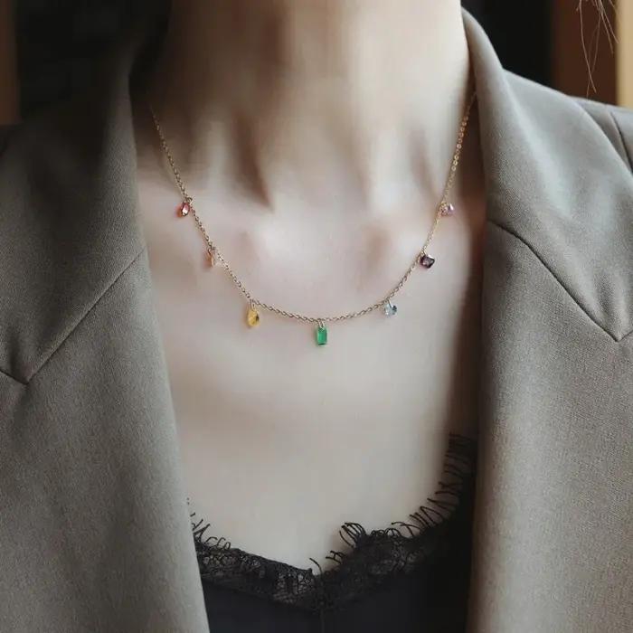 Kolmnsta bohême coloré CZ cristal collier ras du cou pour femmes filles en acier inoxydable pendentif chaîne