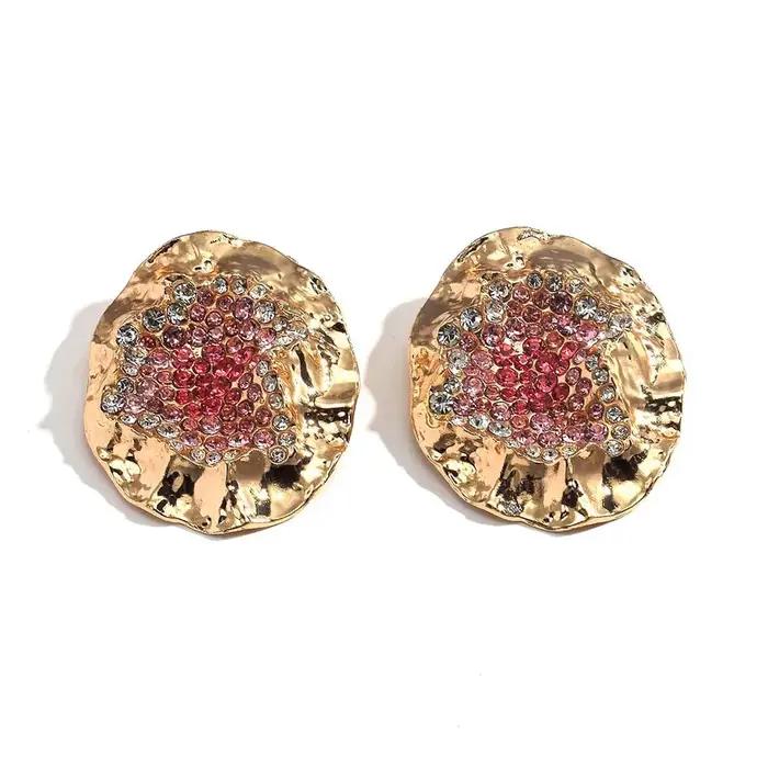 Grandes boucles d'oreilles rondes en métal pour femmes, Vintage, couleur or, cristal, Style européen, bijoux de déclaration féminine