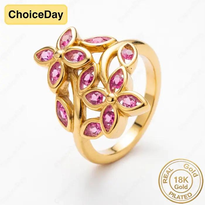 Bague de luxe plaquée or 18 carats avec double fleur en zircon rose pour femme