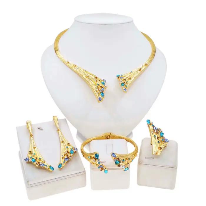 Ensemble de bijoux plaqués or SYHOL collier de luxe en pierre bleue bracelet bague pour femmes occasions spéciales mariage anniversaire