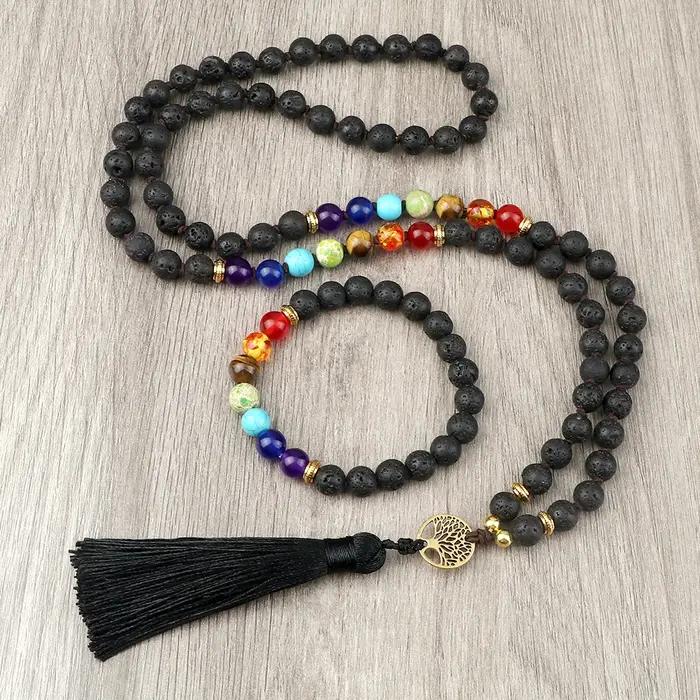 Luckly 7 Chakra colliers et Bracelets de perles 8mm Japamala mat noir Onyx pierre collier ensembles femmes hommes méditation Yoga bijoux