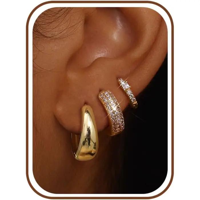 ORAZIO Boucles d'oreilles créoles plaquées or 14 carats pour femmes, ensemble de boucles d'oreilles hypoallergéniques pour oreilles sensibles, non ternissables, 3 paires