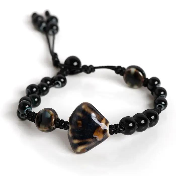 Bracelet festonné en céramique fait main, réglable, vintage, perles noires, bijoux minimalistes pour couples et cadeaux, 155