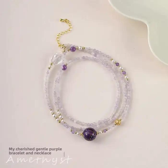 Bracelet empilé multicouche en perles de laque améthyste naturelle