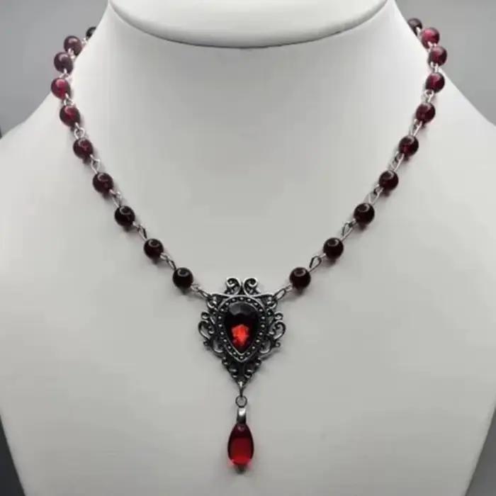 Victoria gothique argent couleur dentelle rouge goutte d'eau verre cristal pendentif perle chaîne collier pour femmes Rose sorcière bijoux cadeau