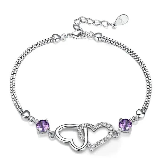 Bracelet en argent sterling s925 incrusté de zircon en forme de cœur et d'améthyste pour femmes et hommes bijoux de soirée occasions spéciales