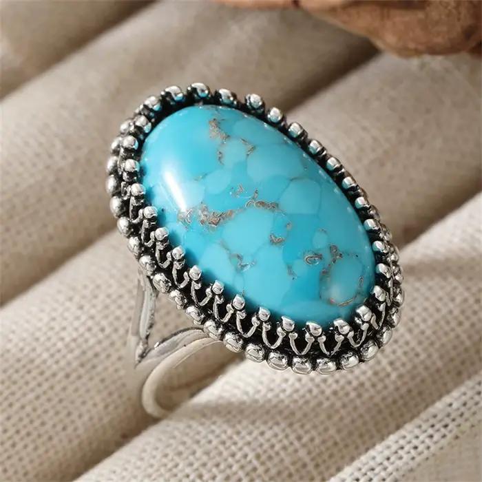 Bague Bohème pour Femme en Imitation Turquoise Incrustée, Bijou Géométrique Argenté Ethnique pour Usage Quotidien, Fête, Cadeau d'Anniversaire
