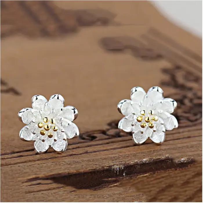 Bijoux en gros, élégants et tendance pour femme, cadeau de mariage, petites boucles d'oreilles en argent sterling 925 en forme de lotus frais, Ys294