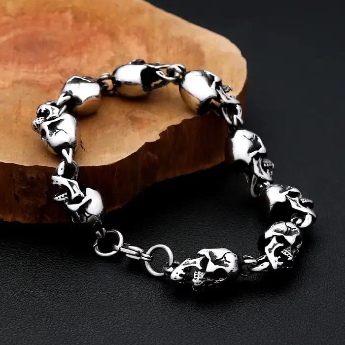 Bracelet gothique Hip Hop en acier inoxydable 316L, Rock Punk, crâne complet, pour hommes et femmes, bijoux d'équitation en moto, cadeau