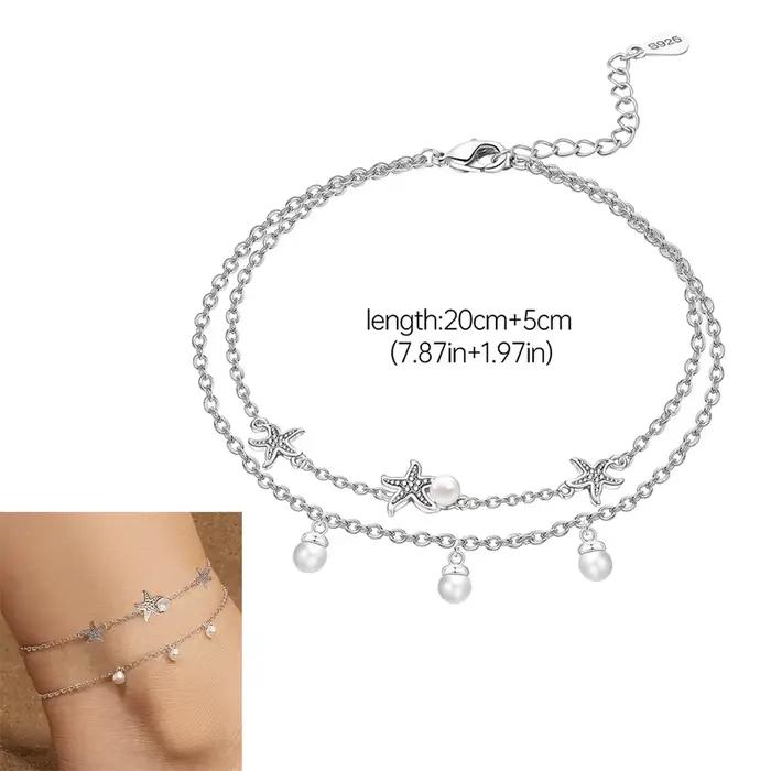 Bracelet de cheville en argent sterling 925 pour femme, motif œil porte-bonheur, style bohème, avec étoile et perles superposées, bijou de plage
