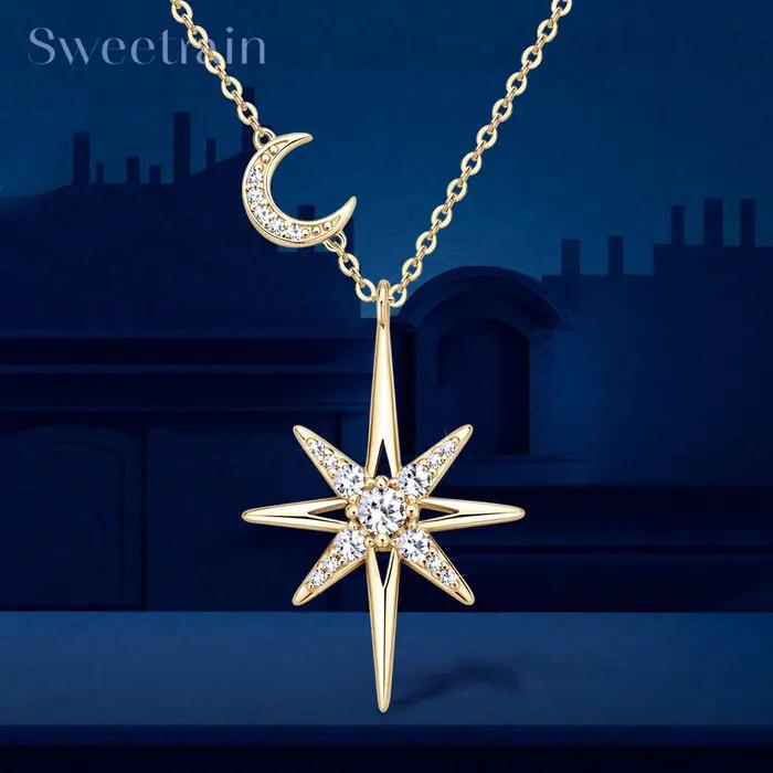 Collier en argent 100% Moissonite pour femmes, plaqué or 18 carats, étoile et lune, chaîne ras du cou, bijoux fins, cadeaux, occasions spéciales