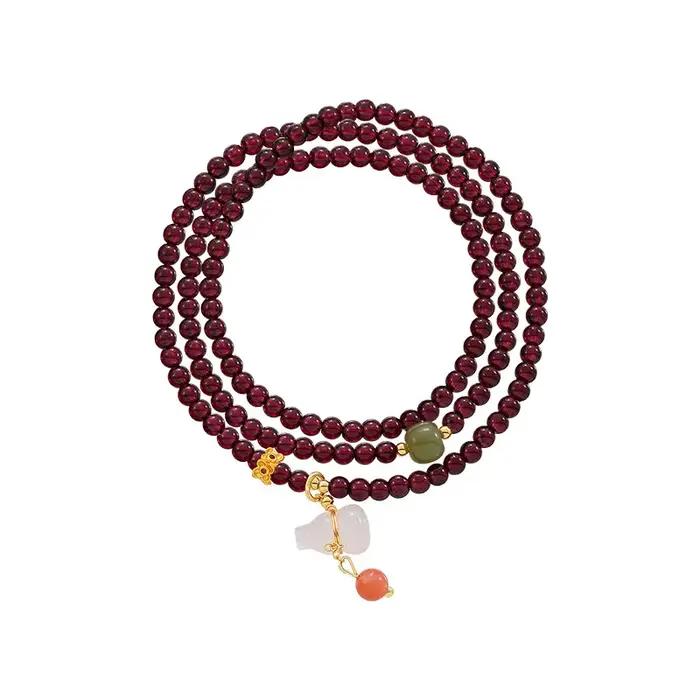 Bracelet Triple Empilé en Grenat Rouge Vin Haute Gamme Cadeau Luxe Femmes Occasions Spéciales