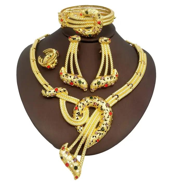 Ensemble de bijoux en zircon coloré brillant de luxe plaqué or collier boucles d'oreilles bracelet b