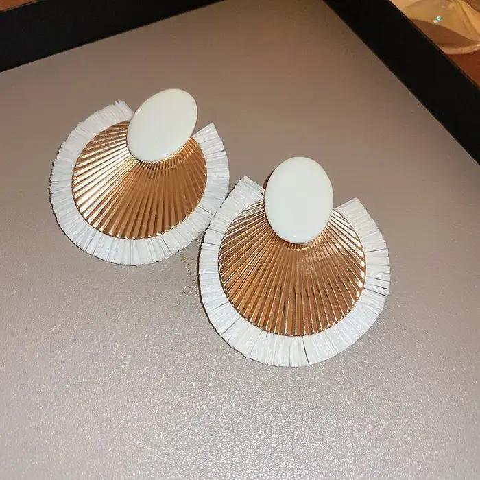 Boucles d'oreilles pendantes en tissu de raphia pour femme, longues et rondes, tressées, style bohèm