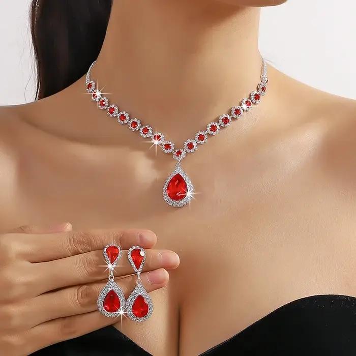FYUAN luxe rouge vert bleu cristal collier boucles d'oreilles pour les femmes goutte d'eau pendentif mariage mariée ensembles de bijoux