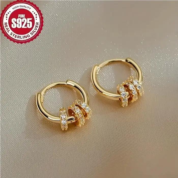 Boucles d'oreilles créoles en argent Sterling 925 plaqué or avec zirconium blanc et noir pour femmes style moderne et élégant occasions spéciales