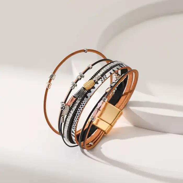 Bracelets en cuir multicouches bohème pour femmes, mode vintage, bracelet perlé, bijoux créatifs faits à la main, cadeaux porte-bonheur féminins