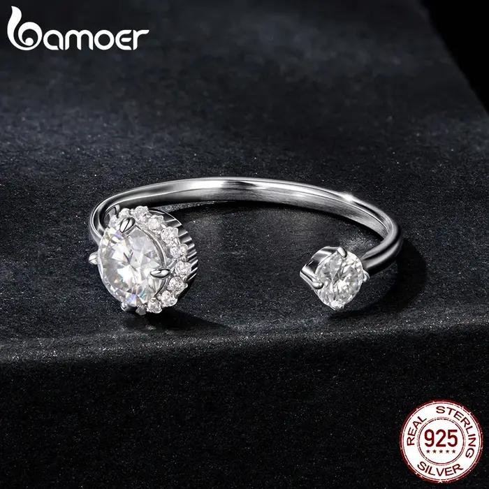 BAMOER Moissanite Plaqué Or Blanc Bague Ajustable En Argent Sterling 925