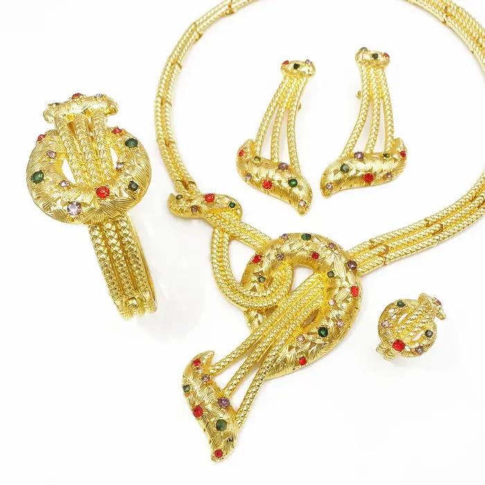 Ensemble de bijoux en zircon coloré brillant de luxe plaqué or collier boucles d'oreilles bracelet bague - Accessoire de port quotidien exquis cadeau