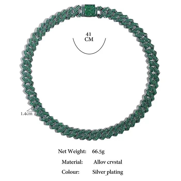 Collier chaîne cubaine pour hommes et femmes, chaîne à maillons sertie de strass verts, bijoux hip-hop
