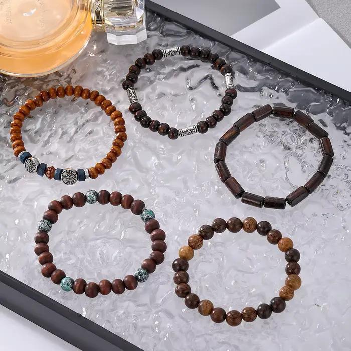 Bracelets multicouches en perles de bois pour hommes, style bohémien, rétro, arbre de vie, extensibles, Hip Hop, accessoires bijoux de fête