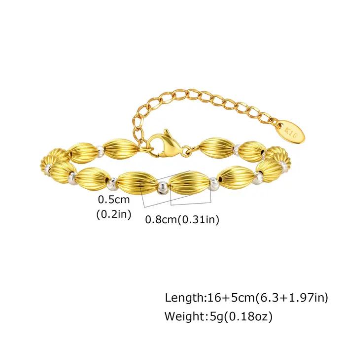 Bracelet à billes texturées bicolores pour femmes, chaîne délicate en acier inoxydable plaqué or 18 carats, résistant au ternissement et à l'eau