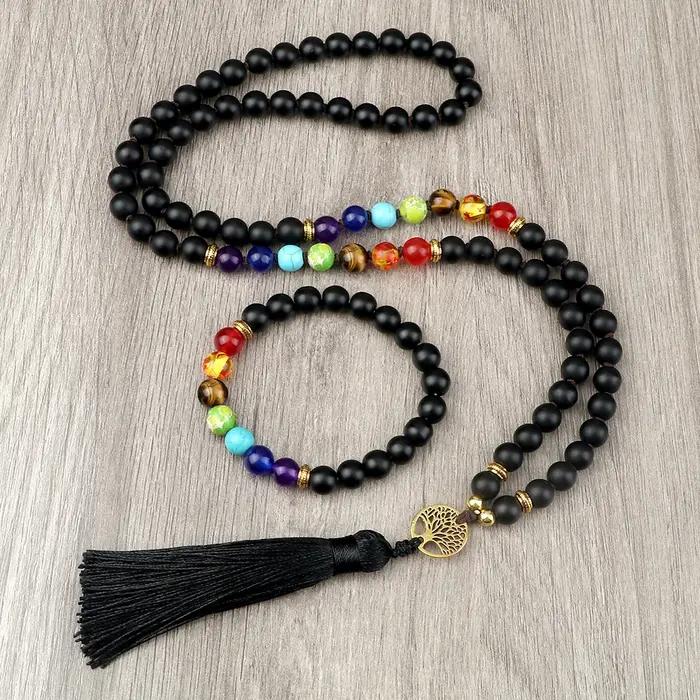 Luckly 7 Chakra colliers et Bracelets de perles 8mm Japamala mat noir Onyx pierre collier ensembles