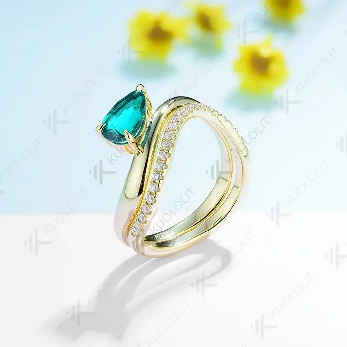 Kuololit 1.5CT Lab Grown Émeraude et Moissanite Ensemble de bagues pour femmes et hommes Bague en or massif 14K 10K pour cadeaux de fiançailles d'anniversaire