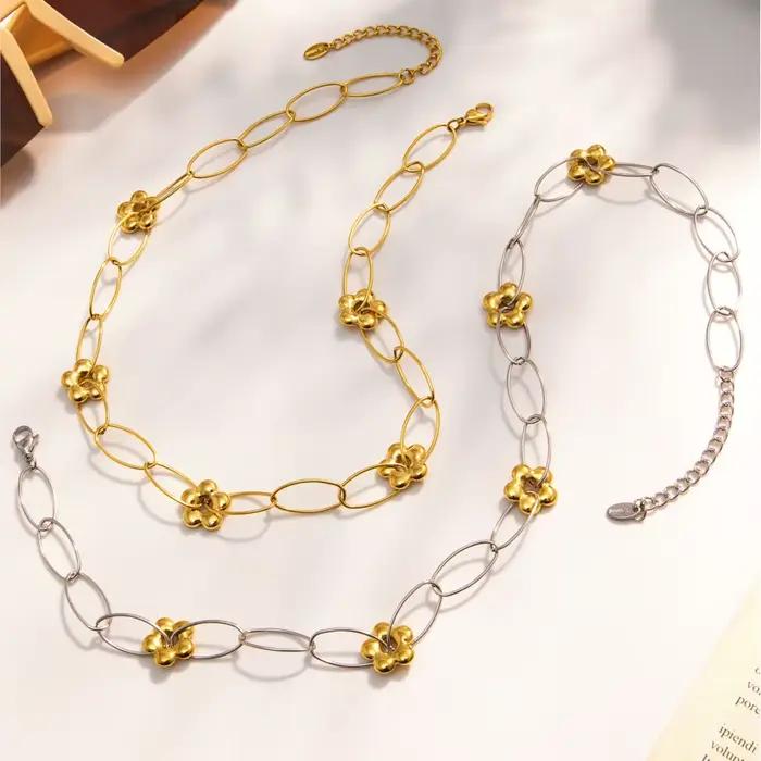 Ensemble de bijoux en acier inoxydable Marka plaqué or pour femmes occasions spéciales collier bracelet chaîne à fleurs